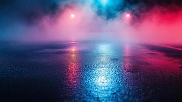 Vibrant abstract scene with pink, blue, and white lights illuminating a misty, water-slicked surface creating an eye-catching view. photo