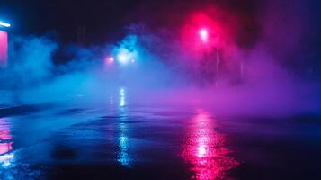 A surreal cityscape glows with neon hues. Mystical fog swirls, reflecting light on the wet pavement, creating an otherworldly atmosphere. photo