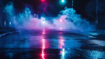 An atmospheric street scene at night, showcasing vibrant reflections on a wet surface illuminated by colorful neon lights and misty smoke. photo