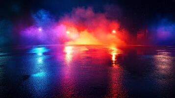 Wet street reflects vivid neon lights under a misty sky, creating a vibrant, surreal cityscape at night, glowing with color and atmosphere. photo