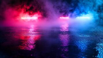 Neon lights reflect on a wet surface creating a vibrant futuristic atmosphere. The smoke adds depth and mystery to the scene. photo