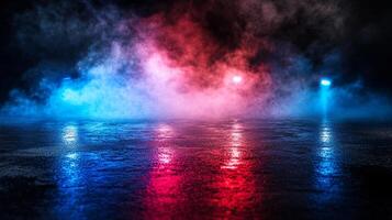 Abstract scene of a wet surface reflecting red and blue lights amidst a smoky atmosphere, creating a moody ambiance. photo