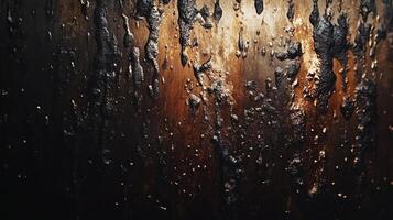 Abstract texture of dark, dripping substance on a textured surface, evoking themes of decay, industrial processes, and organic matter. photo