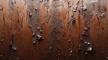 Distressed brown surface with peeling texture, creating a rich and weathered effect. Deep hues evoke rustic charm and aged appeal. photo