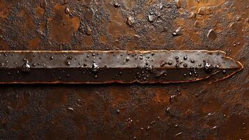 Textured metallic background featuring a horizontal band with glossy droplets and a rust-colored patina, adding depth and visual interest. photo