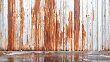 Corrugated metal wall displays rust patterns, forming a unique texture on a weathered silver surface, reflecting light on wet ground. photo