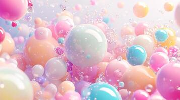 Abstract candy-colored sphere composition with pastel hues, floating bubbles, and soft lighting creates a dreamy and whimsical atmosphere. photo