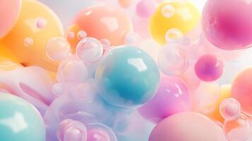 A playful composition of colorful, glossy spheres and transparent bubbles creates a whimsical and visually appealing abstract design. photo