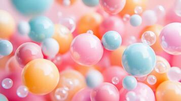 A vibrant array of pastel-colored spheres and bubbles float in a cheerful dance against a soft pink backdrop, creating a whimsical scene. photo