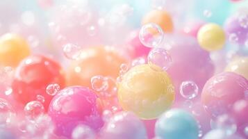 Abstract spheres float in a pastel-colored dreamscape, surrounded by shimmering bubbles. Dreamy and ethereal with gentle colors. photo