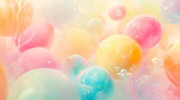 Pastel colored spheres float amongst tiny bubbles, creating an ethereal and calming ambiance. A soft, dreamlike state with gentle colors. photo