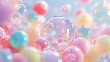Dreamy abstract still life of pastel colored spheres and bubbles, with a translucent orb in focus, creating a soft, ethereal, and playful mood. photo