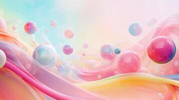 Pastel waves and floating spheres create a dreamy, abstract scape. Soft colors evoke tranquility and whimsy, perfect for modern designs. photo