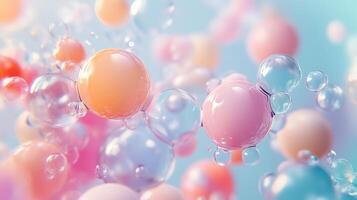 Pastel spheres and bubbles float against a soft, light blue backdrop, creating a visually appealing and ethereal composition. photo