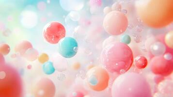 Dreamy pastel spheres float amidst shimmering glitter, creating a whimsical and ethereal visual experience filled with light and color. photo