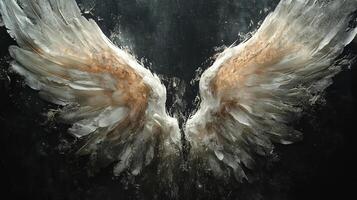 Abstract angel wings emerge from a dark background. The wings are softly lit, creating a dramatic and ethereal feel. Spiritual artwork. photo