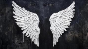 A pair of textured white wings painted against a dark, moody background. The wings feature detailed feather-like strokes. photo