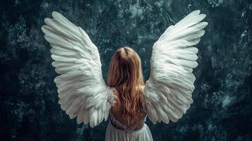 Back view of angelic figure with white wings against dark, textured backdrop. Serene and ethereal, inspiring hope and wonder. photo