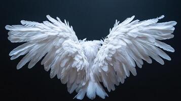 Angel wings unfurl, feathers shimmering in soft light, evoke ethereal beauty and evoke lightness. It evokes divinity with feathers. photo