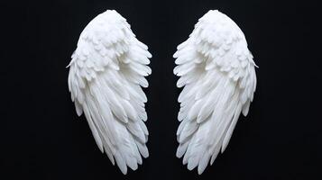 Striking image of pure white angel wings, with delicate feathers, against a stark black backdrop, creating a visually contrasting spiritual symbol. photo