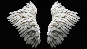 Two elegant white wings, spread wide against a stark black background. Feathers form intricate patterns of flight and ascension. photo