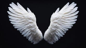 Two spreaded white wings with textured feathers are set against a stark black background, creating a striking contrast and ethereal effect. photo