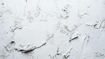 Abstract white stucco wall with textured surface and paint layers in detailed macro. Unique architectural design and textured background. photo