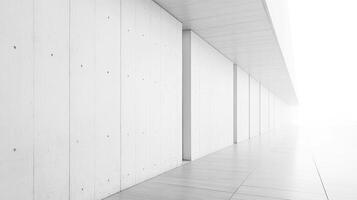 Minimalist architectural perspective of a building interior featuring smooth concrete walls and bright white light entering from the end of a corridor. photo