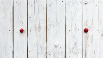 Rustic white wooden planks with red knobs, close-up. Weathered wood texture, perfect for backgrounds or design elements. Simplicity with charm. photo