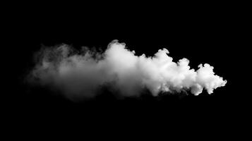 A plume of opaque white smoke drifts across a stark black backdrop, billowing and fading as it moves, capturing a sense of ethereal movement. photo