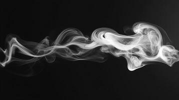 Translucent white smoke gracefully flows against a dark background, its ethereal curves and swirls creating a mesmerizing spectacle. photo