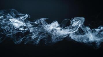 Wispy smoke dances across a dark void, creating ethereal shapes in a horizontal flow, showcasing delicate vaporous artistry. photo
