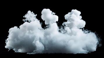 Mystical plumes of white smoke against dark backdrop. A cloud-like effect creates a visually striking contrast and abstract composition. photo