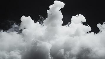 Ethereal cloudscape of swirling white vapor against a stark black backdrop, creating a mesmerizing visual effect with fluid texture. photo