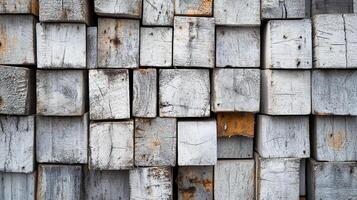 A textured wall formed by stacked, rustic wooden blocks with visible grain and natural variations creates a visually interesting pattern. photo