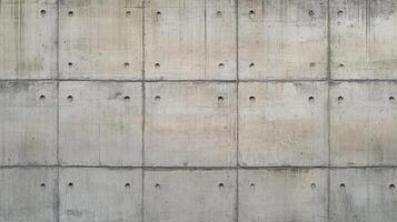 A gray concrete wall constructed with equally sized blocks featuring small holes and grout lines, creating a pattern texture. photo