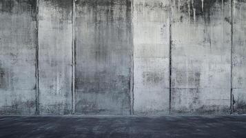 Industrial concrete wall with textured panels. Striking contrast between the gray wall and the dark floor creates a sense of depth and urban style. photo