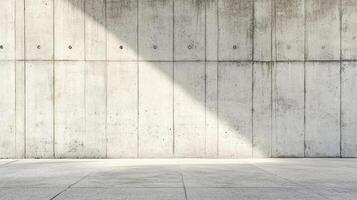 A stark concrete wall and floor bathed in sunlight, creating a minimalist architectural composition with textures and shadows. photo