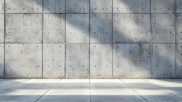 Concrete background featuring a gray wall made of blocks, and a floor illuminated by light. The gray tones create a modern texture. photo