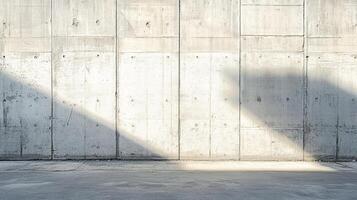 An exterior shot of a concrete wall with lines of separation and an adjacent concrete ground surface. A shadow is cast across both surfaces. photo