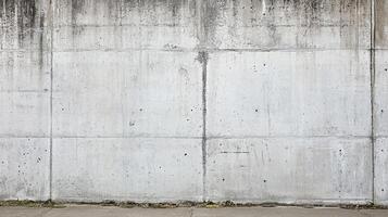 A concrete wall with gray coloring, shows some weathering along the top and bottom edge, divided into segments by vertical lines. photo
