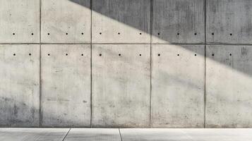 Concrete wall surface, showcasing modern design elements with its smooth texture and modular pattern, highlighted by a diagonal light cast. photo
