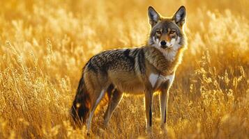 Coyote standing in a golden meadow, lit by sunlight, creating a warm, natural setting for this wild canid. photo
