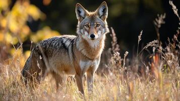 Alert coyote standing in tall grass, eyes focused. Autumn foliage softly blurred in the background. Captivating wildlife image. photo