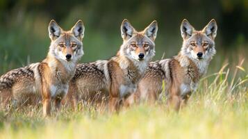 Three coyotes stand alert, their golden eyes shining in a grassy field, their fur blending with the natural setting. photo
