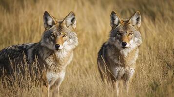 Two coyotes stand alert in a grassy field, their eyes focused, exuding a sense of wildness and vigilance in their natural habitat. photo