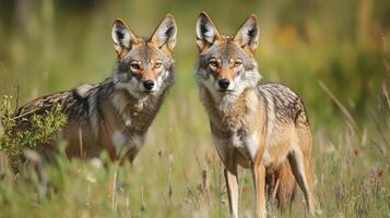 Two coyotes stand alert in a field of tall grass, their sharp eyes gazing forward, blending into the natural environment. photo
