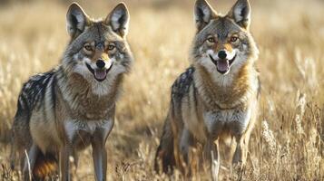 Two coyotes pose in a field of dry grass, showcasing their alert eyes, open mouths, and distinctive fur patterns. Wildlife photography. photo