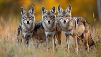 A trio of coyotes stand alert in a grassy field, autumn colors in the background, their eyes sharp and focused on the camera. photo
