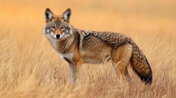 Coyote Standing in a Field. The coyote gazes directly at the camera, its fur blending in with the dry grass surrounding it. photo